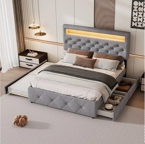 Łóżko tapicerowane z pojemnikiem na pościel, 140 x 200 cm, z wysuwaną podstawą i 2 szufladami, podświetlana szafka nocna, lniane, kolor szary