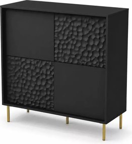 Nowoczesna komoda PULSET KM-2 w czerni z eleganckimi złotymi nóżkami – idealna do salonu lub sypialni