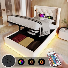 Łóżko ze schowkiem 90x200 cm, beżowa bawełna, łóżko młodzieżowe z diodą LED i ładowaniem przez USB, bez materaca