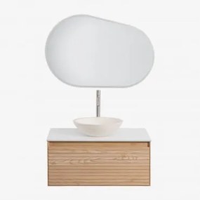 Zestaw Wiszących Mebli Łazienkowych Z Drewna Jesionowego Tedrik Popielaty Brąz & Cement Okrągły Biały Ø40 - Sklum