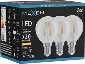 Mexen Vintis 3x żarówka filament LED E14, G45, 6W, Ciepła - 2700K, 720 lm, clear - L156-E14-0627-00x03