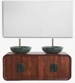Zestaw Podwójnej Wiszącej Szafki Łazienkowej 130x45 Cm Z Drewna Mango I Naturalnego Kamienia Kivalina Zielony Marmur Udaipur - Sklum