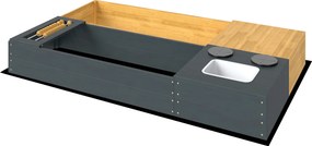 AIYAPLAY Piaskownica 2-częściowa 150x90 cm drewniana z siedziskiem, schowkiem, płytą grzewczą, wyjmowanym zlewozmywakiem i koralikami abakusa, żółta | Aosom PL