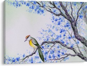 Obraz - ptak na drzewie z niebieskimi kwiatami (70x50 cm)
