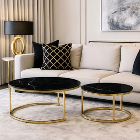 Zestaw Stolików Kawowych MILANO 60 cm/80 cm Czarny Marmur/Złoty Glamour