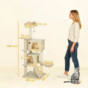 PawHut Drapak 140 cm wieża dla kota z hamakiem, drabinką, budką, 2 pluszowymi piłeczkami, słupkami sisalowymi, 48 x 48 x 140 cm, Beżowy