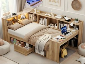 Rozkładana sofa 90x200cm - z LED i portem USB - Z biurkiem, 1 szufladą i półkami - MDF - Naturalny