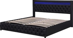 Łóżko z tapicerowanym zagłówkiem z ekoskóry z LED - 140x200cm - z stelażem na listwach - Czarny