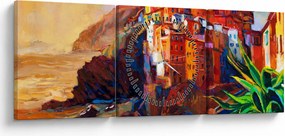 Obraz - Wieś na wybrzeżu Cinque Terre, Włoska Riviera, nowoczesny impresionism (z zegarem) (90x30 cm)