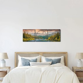 Obraz górskiej rzeki i gór (z zegarem) (90x30 cm)