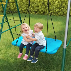 AIYAPLAY 5 w 1 huśtawka z regulowaną huśtawką typu gniazdo, kółkami gimnastycznymi, dwusiedziskiem, ścianką wspinaczkową, dla dzieci 3-8 lat, 440x175x203 cm | Aosom PL