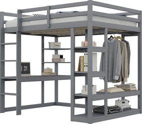 Łóżko piętrowe dla dzieci - 140 x 200 cm - z drabinką + stolik + półki + wieszaki - drewno + płyta MDF - szare