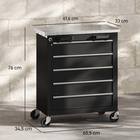 HOMCOM Szafka narzędziowa z 5 szufladami, przenośna skrzynia narzędziowa na kółkach, wózek narzędziowy ze stali, odcień srebra+czarny