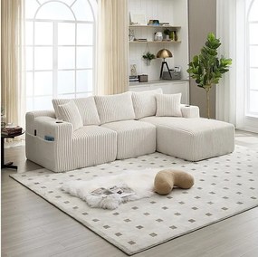 Modułowa Sofa Narożna 3-osobowa, z Korbu, z Uchwytem na Napoje, Poduszkami i Bocznymi Kieszeniami, Leżanka 118cm, Beżowy