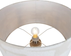 Drewniana lampa podłogowa na trójnogu z białym i beżowym abażurem w paski 50 cm - Lou