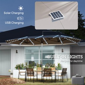 Outsunny Podwójny Parasol z Oświetleniem Solarnym, Aluminium, Poliester, Ochrona UPF50+, Odporność na UV, Parasol Tarasowy, Ciemnoszary
