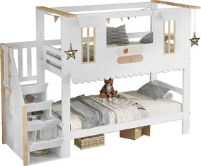 Łóżko piętrowe 90×200 cm - schody ze schowkiem - z ozdobnymi oknami - z 2 dekoracjami z filcu - Drewno lite + MDF - białe