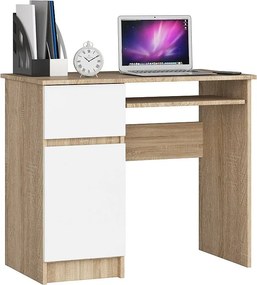 Biurko komputerowe AKORD PIKSEL Dąb Sonoma 90 cm lewe 1 drzwi 1 szuflada kolor Biały mat 3 półki 90x50x77 cm
