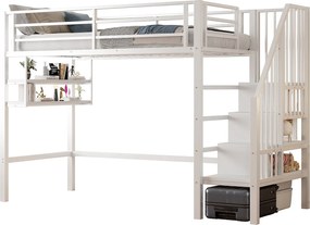 Łóżko mezzanine 90x200cm - z drabiną do przechowywania - z barierkami - białe (bez materaca)