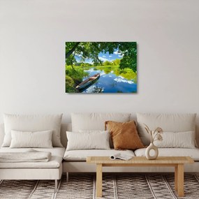 Obraz na szkle letniej rzeki z łodzią (70x50 cm)