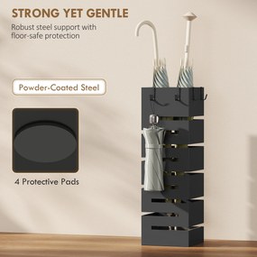 HOMCOM Stojak na parasole, metalowy stojak na parasole, wolnostojący stojak z haczykami i tacką ociekową, miejsce na 8 parasoli, czarny | Aosom PL