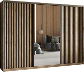 Szafa Przesuwna ORRA 250 cm z Lustrem i Lamelami Szafa Trzydrzwiowa z Szufladami Dąb Lefkas