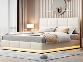 Łóżko z tapicerowanym stelażem 180x200 cm z oświetleniem LED - z ekoskóry - Beżowe