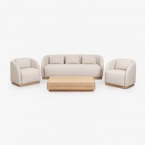 Zestaw Do Salonu Z 3-osobową Sofą, 2 Fotelami Oraz Prostokątnym Stolikiem Kawowym 130x75 Cm Z Drewna Akacjowego Verona Jasny Akacjowy Brąz - Sklum