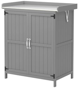 Outsunny Szafka Ogrodowa, Szafka na Narzędzia do Zewnętrznego Użytku, z Powierzchnią Roboczą, Drewno i Stal Nierdzewna, Podwójne Drzwi, Szary