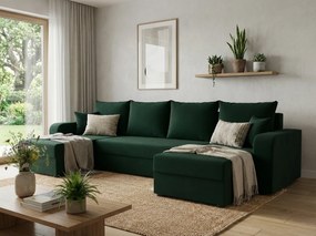 Rozkładana sofa narożna w kształcie U VALERIO 305x140 cm, ciemnozielona