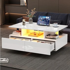 Stolik kawowy z 2 szufladami i otwartą przegrodą - 90 x 55 x 41 cm - Diody LED - Płyta wiórowa - Biały połysk