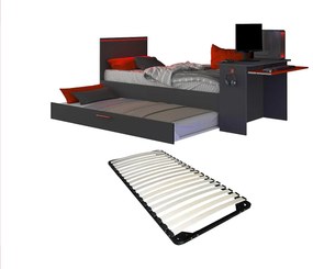 Łóżko wysuwane dla graczy 2 x 90 x 200 - Z biurkiem - Diody LED - Antracyt i czerwień + Stelaż - VOUANI