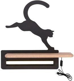 Czarny kinkiet ścienny z drewnianą półką i wtyczką M0-C67