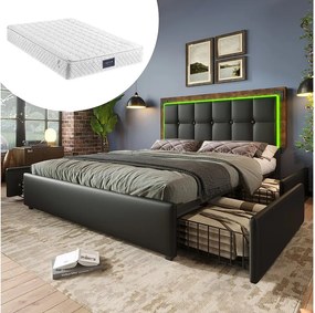 Łóżko dla dorosłych 160x200 cm - z regulowanym zagłówkiem, LED, 4 szuflady, stelaż - skóra syntetyczna - czarne - materac w zestawie