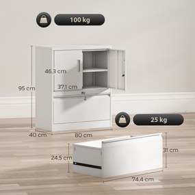 HOMCOM Szafa na akta Szafa biurowa Zamykana Szafa wielofunkcyjna ze stali z 2 drzwiami, regulowanymi półkami Biała