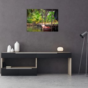 Obraz - Drewniana łódź na kanale, Tajlandia (70x50 cm)