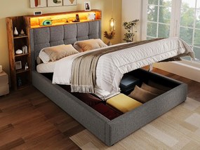 Tapicerowane łóżko z pojemnikiem 90x200 cm - z USB Type-C - oświetlenie LED - len - szary (materac nie jest wliczony w cenę)