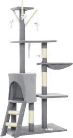 PawHut Drapak dla kota z domkiem, 4 zabawki, słupki z sizalu, duża platforma, schodek, dla kotów poniżej 5 kg, Szary