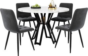 Zestaw okrągły stół jadalny + 4 krzesła welurowe - D 100 x W 76 cm - Nogi z płyty MDF i czarnego metalu - Efekt marmuru - Biały + szary