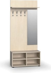 Garderoba z szafką na buty i lustrem PRIMO WOOD, 4 haczyki, półka, tekstura drewna pionowa, brzoza