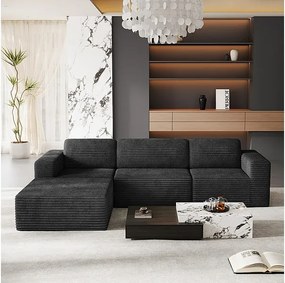 Modułowa Sofa 3-osobowa z pufą - w Welurze Żebrowanym - narożnik odwracalny - Czarny - 303x202x82cm