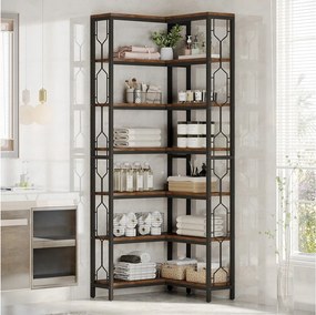 Narożny regał na książki, 7-poziomowy regał industrialny, półki narożne z drewna i metalu, wolnostojący regał ekspozycyjny do salonu