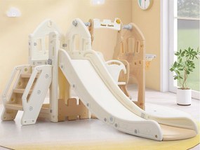 Zjeżdżalnia 5 w 1 - z drabinką, huśtawką, miejscem do przechowywania, koszem do koszykówki - jasny żółty