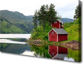 Fotoobraz na płótnie Chatka nad Górskim Jeziorem