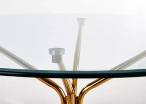 Stół Romba 110 cm – okrągły stół z hartowanym blatem szklanym i złotymi metalowymi geometrycznymi nogami do jadalni