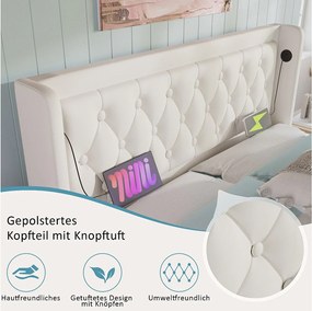 Łóżko z pojemnikiem 180 x 200 cm i zagłówkiem - gniazda USB i typu C - diody LED - skóra ekologiczna - białe (bez materaca)