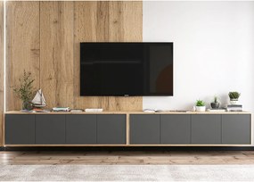 Szafka RTV z 8 drzwiami – korpus dąb wotan, fronty grafit mat – 300 cm