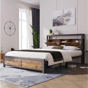 Łóżko metalowe 140 x 200 cm ze schowkiem na pościel w zagłówku - styl industrialny - czarne