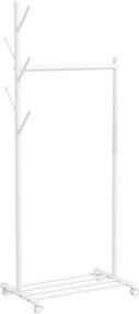 HOMCOM Stojak na ubrania z kółkami, mobilny wieszak z drążkiem, 5 haczyków, półka na buty, biały