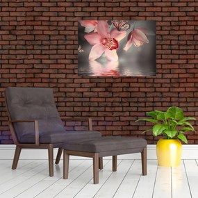 Obraz na szkle - Kwiaty i motyl (70x50 cm)